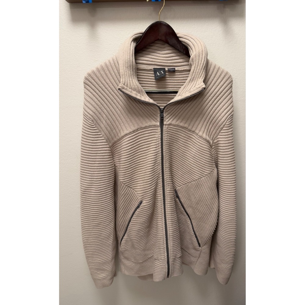 Rare Armani Exchange Mens‎ Knit Full Zip Jacket Beige Ribbed Collar Pockets XL